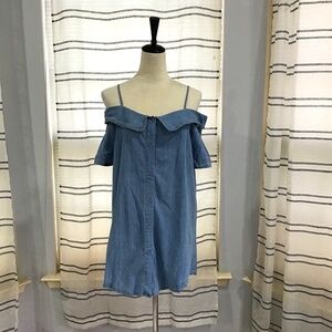 Elenza by L&L Women Size SM Cold Shoulder Denim Shift Dress Front Button Cotton